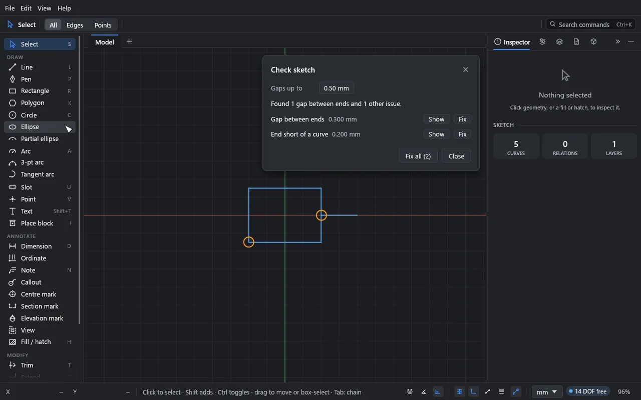 The Check sketch window listing a gap between ends and an end short of a curve, both ringed on the canvas