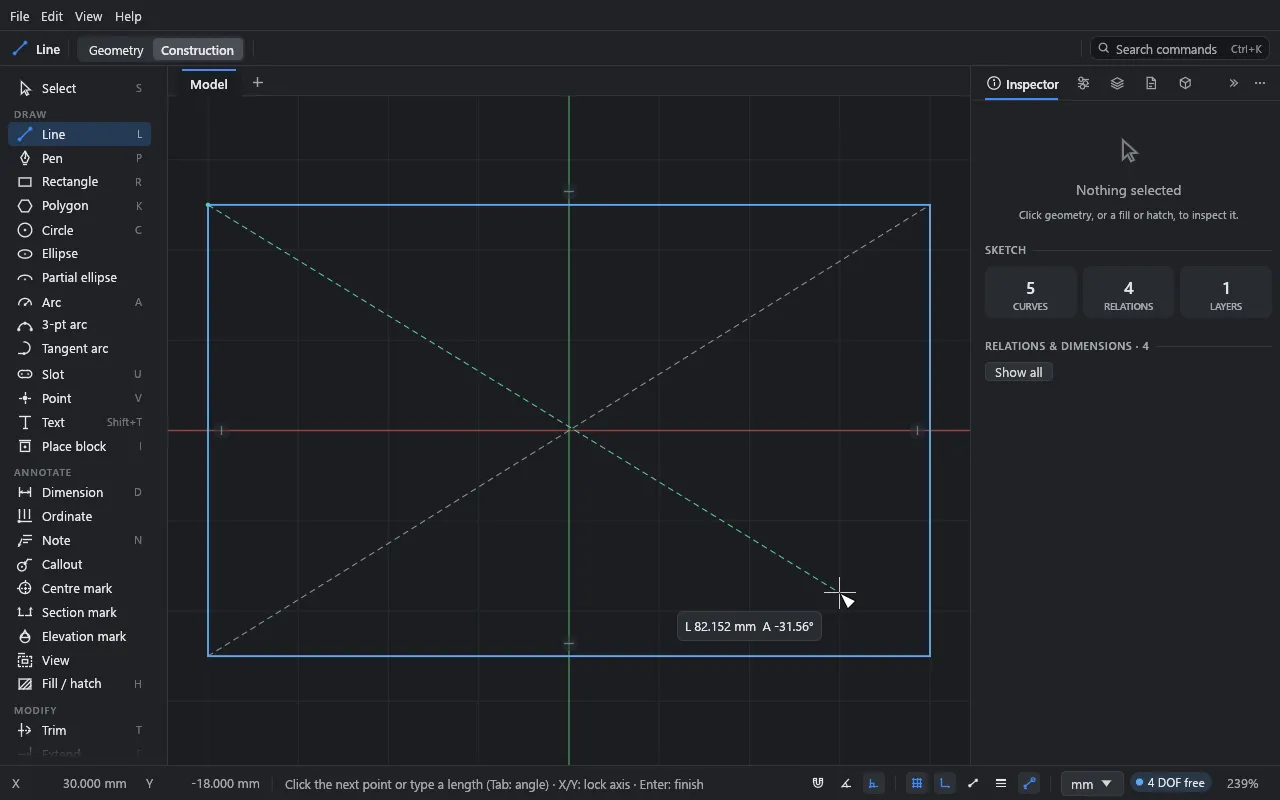 The Line tool in Construction mode: two dashed diagonals across a rectangle