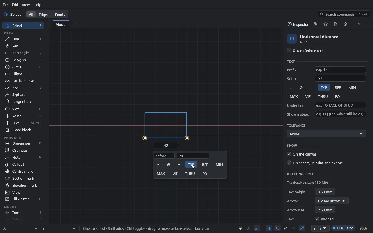 A dimension's value editor with TYP chosen; the Inspector shows the same settings