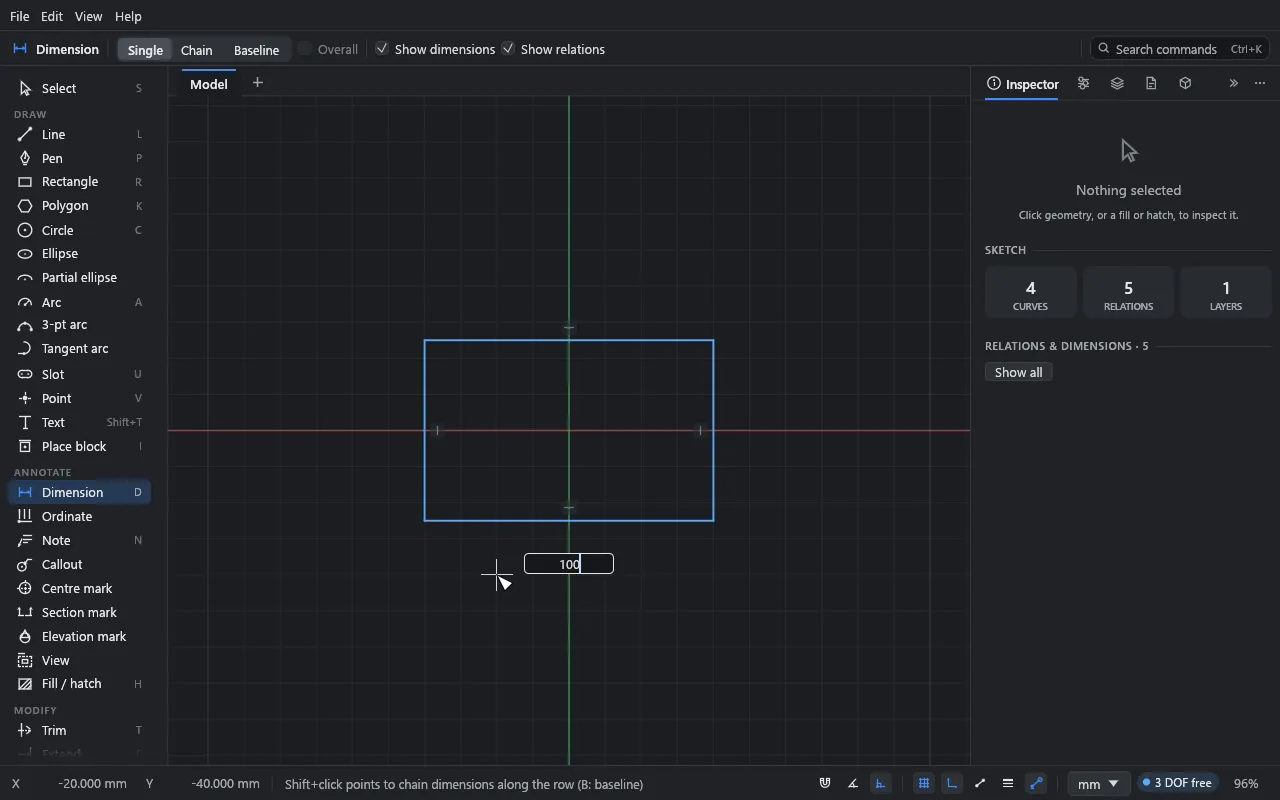The Dimension tool: the value field open with 100 typed