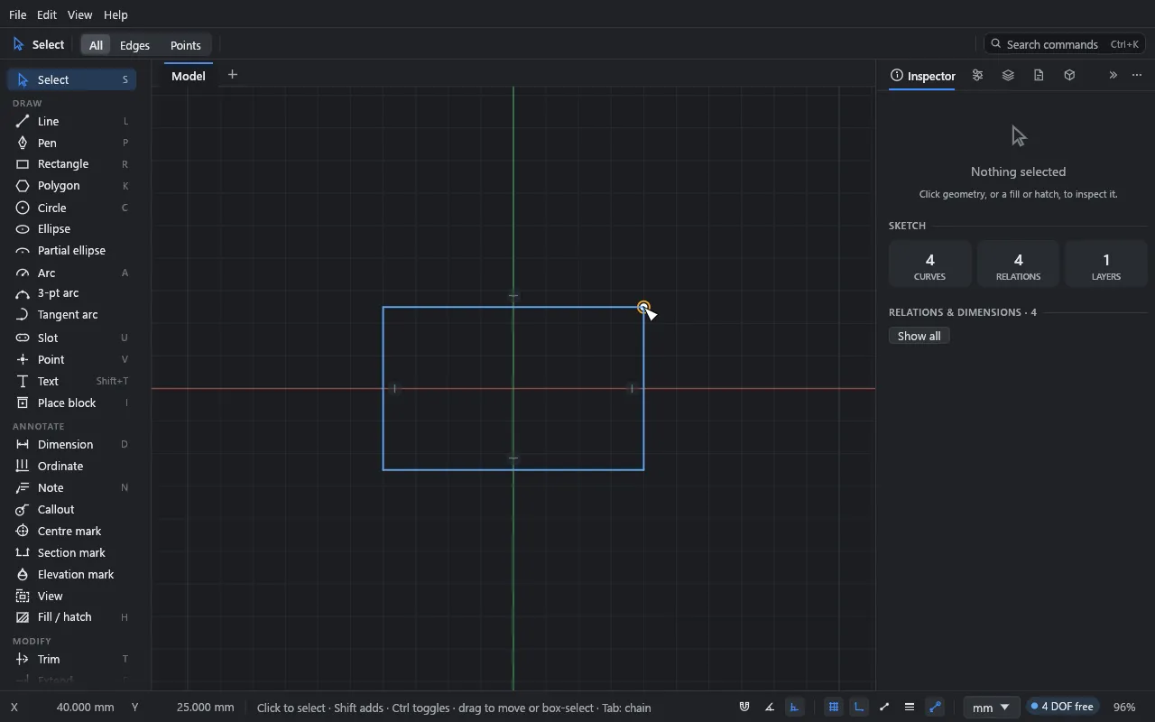A rectangle drawn with the Rectangle tool: blue, with 4 DOF free