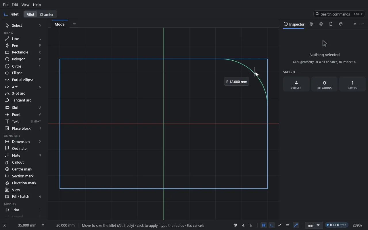 Sizing a fillet on a rectangle's corner