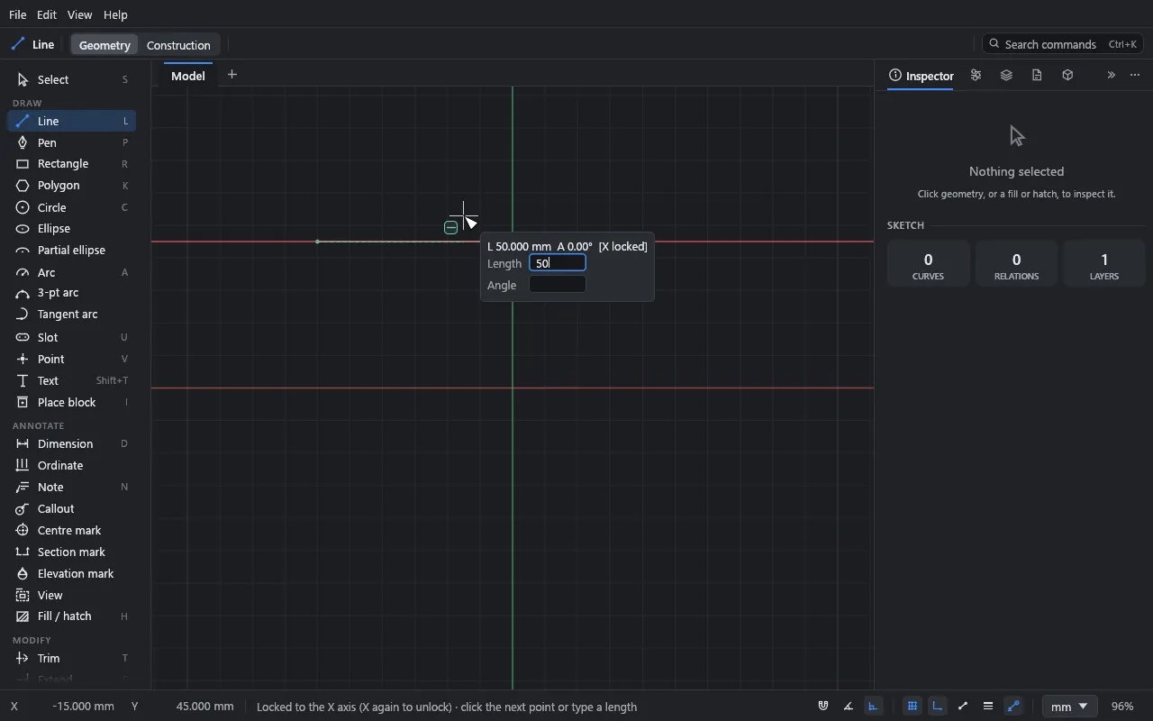 Drawing a line locked to the X axis with 50 typed as its length