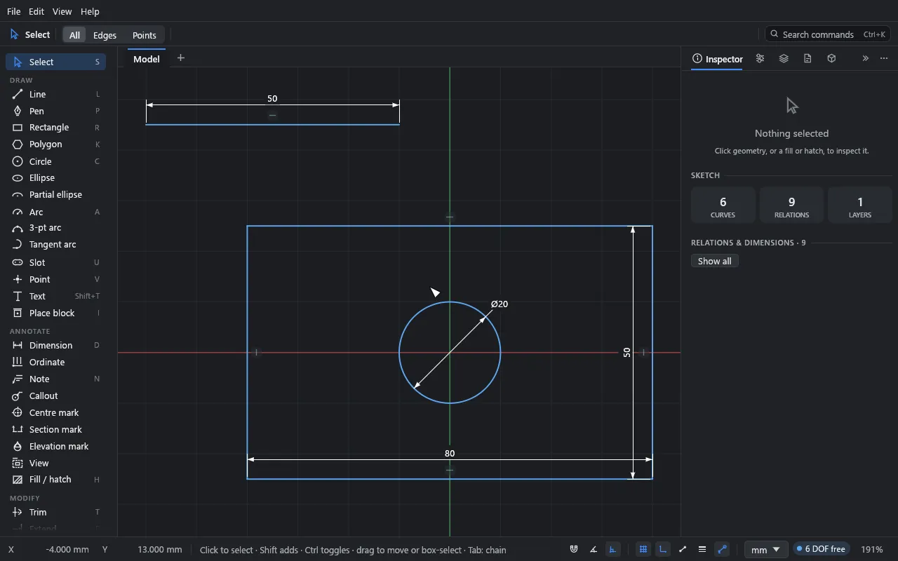 The finished sketch: a line, a rectangle and a circle, with their dimensions