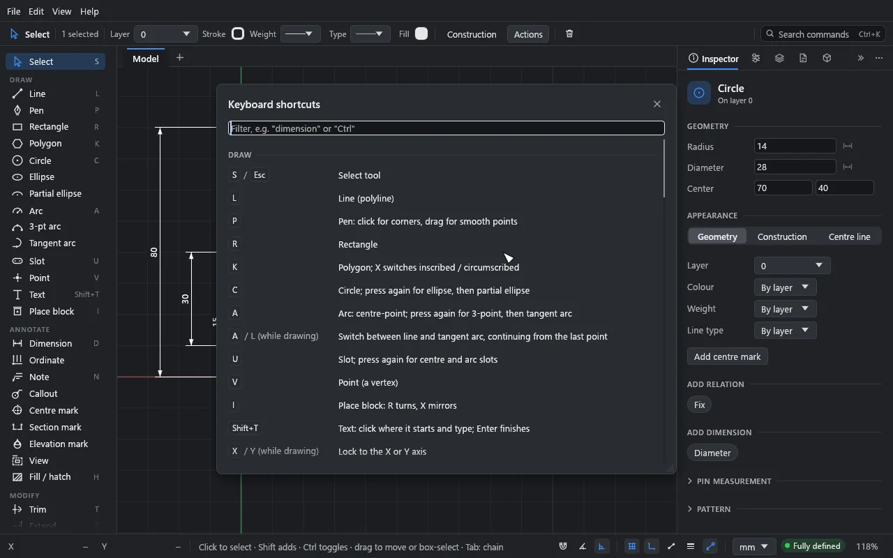 The keyboard shortcuts window