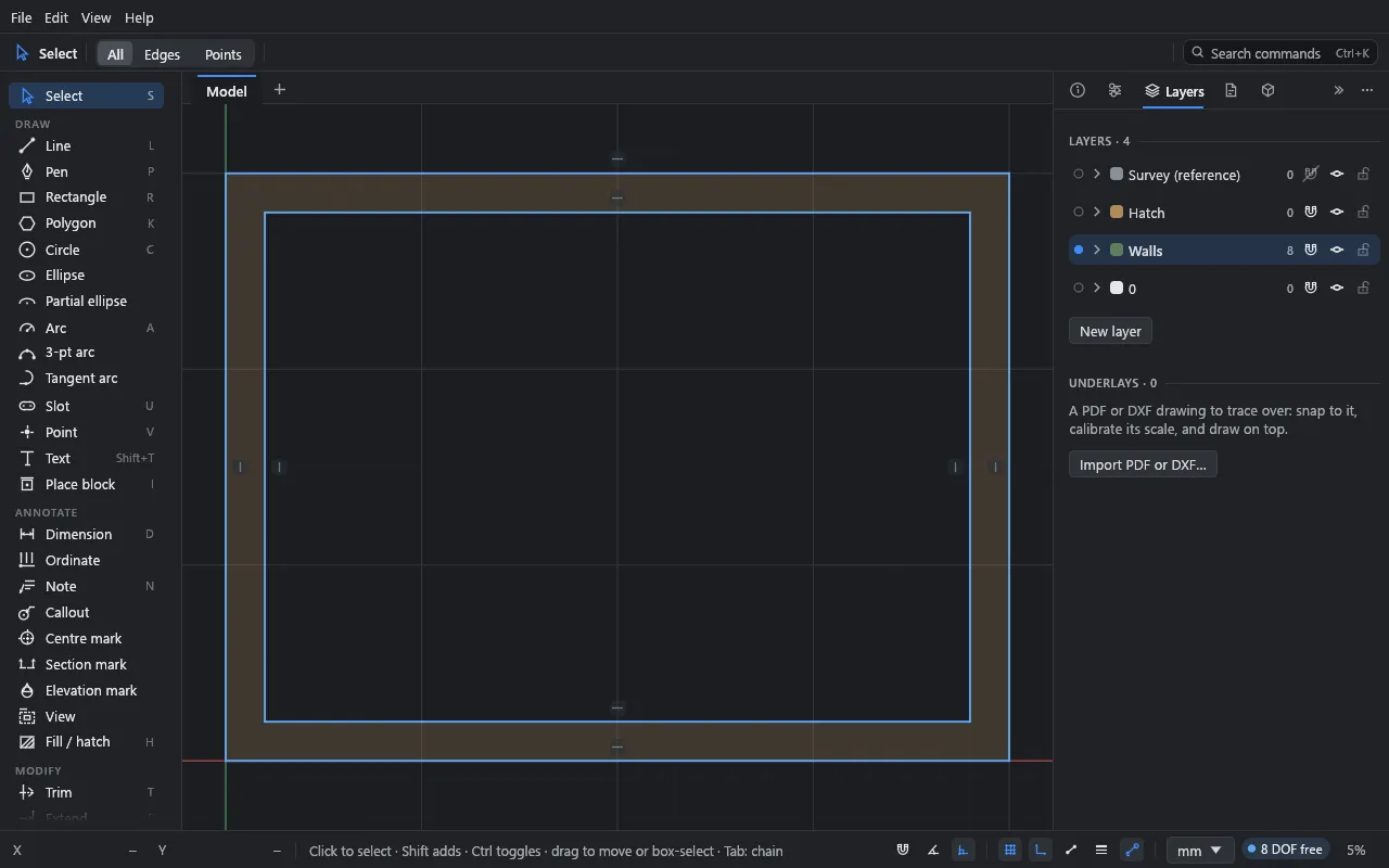 The Layers panel: Walls is current (filled dot); the Survey layer's magnet is off, so it isn't snapped to