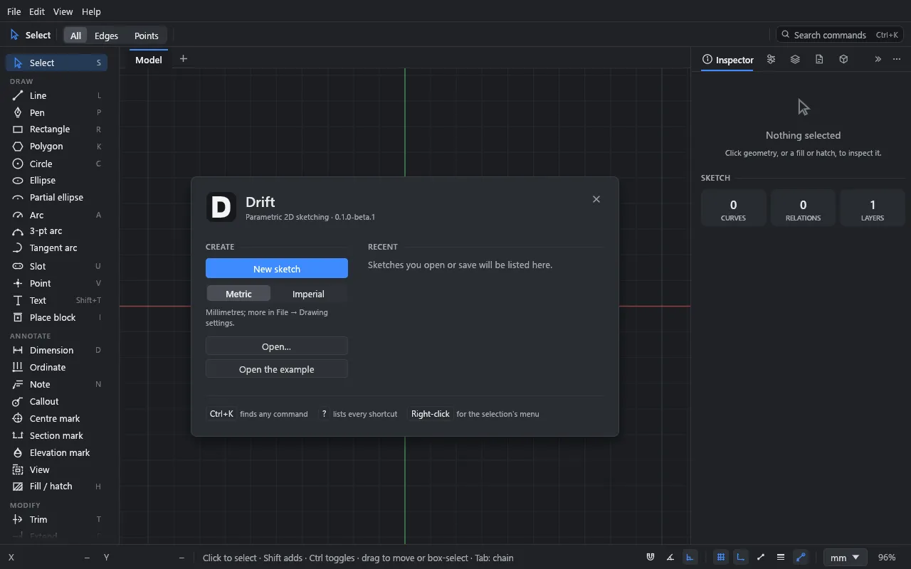The start panel: New sketch, Open, Open the example, recent files and three tips