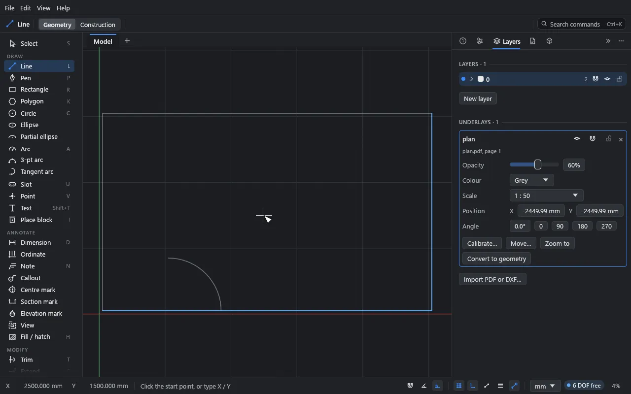 A PDF plan calibrated to 1:50 in the Layers panel, its outline traced with the Line tool
